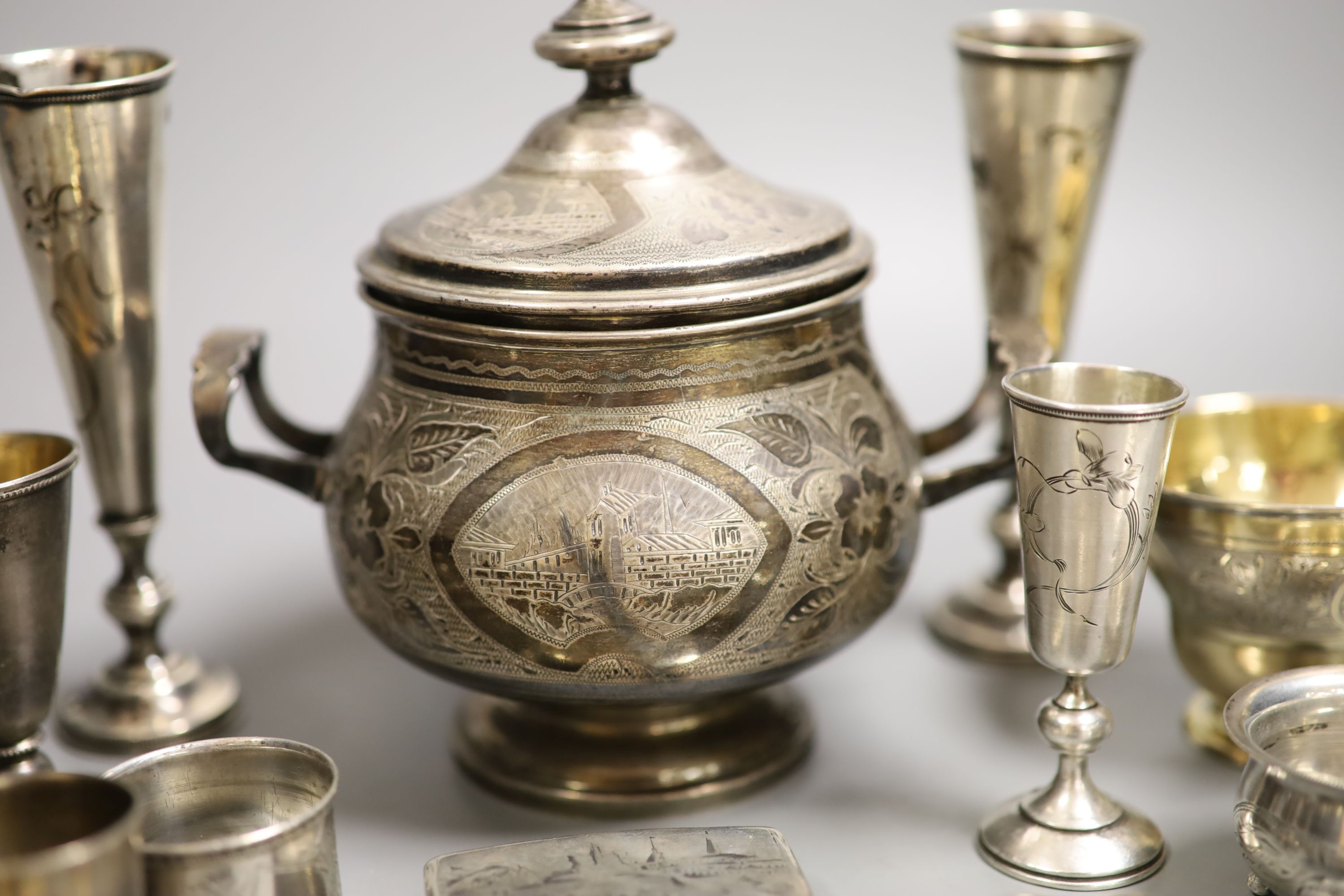 A late 19th century Russian 84 zolotnik two handled sugar bowl and cover and a small quantity of assorted Russian and Russian style items